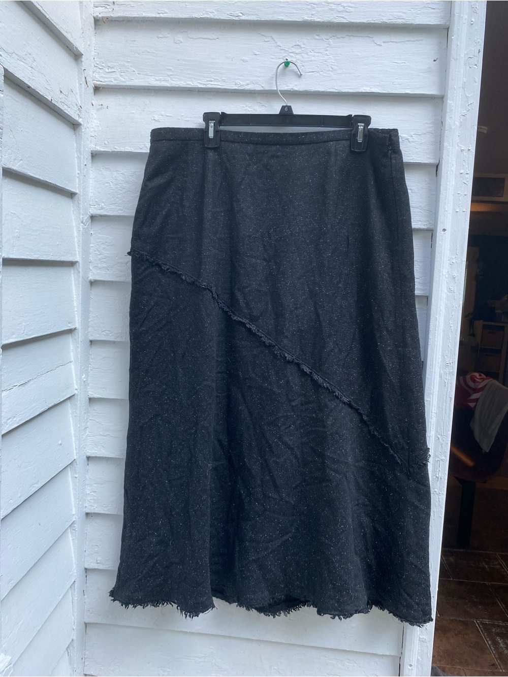 Black Tweed A-Line Fringe Hem Skirt with white speckled flecks